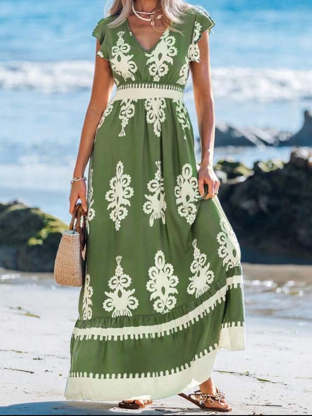 New Green Maxi Dress with White Floral Print